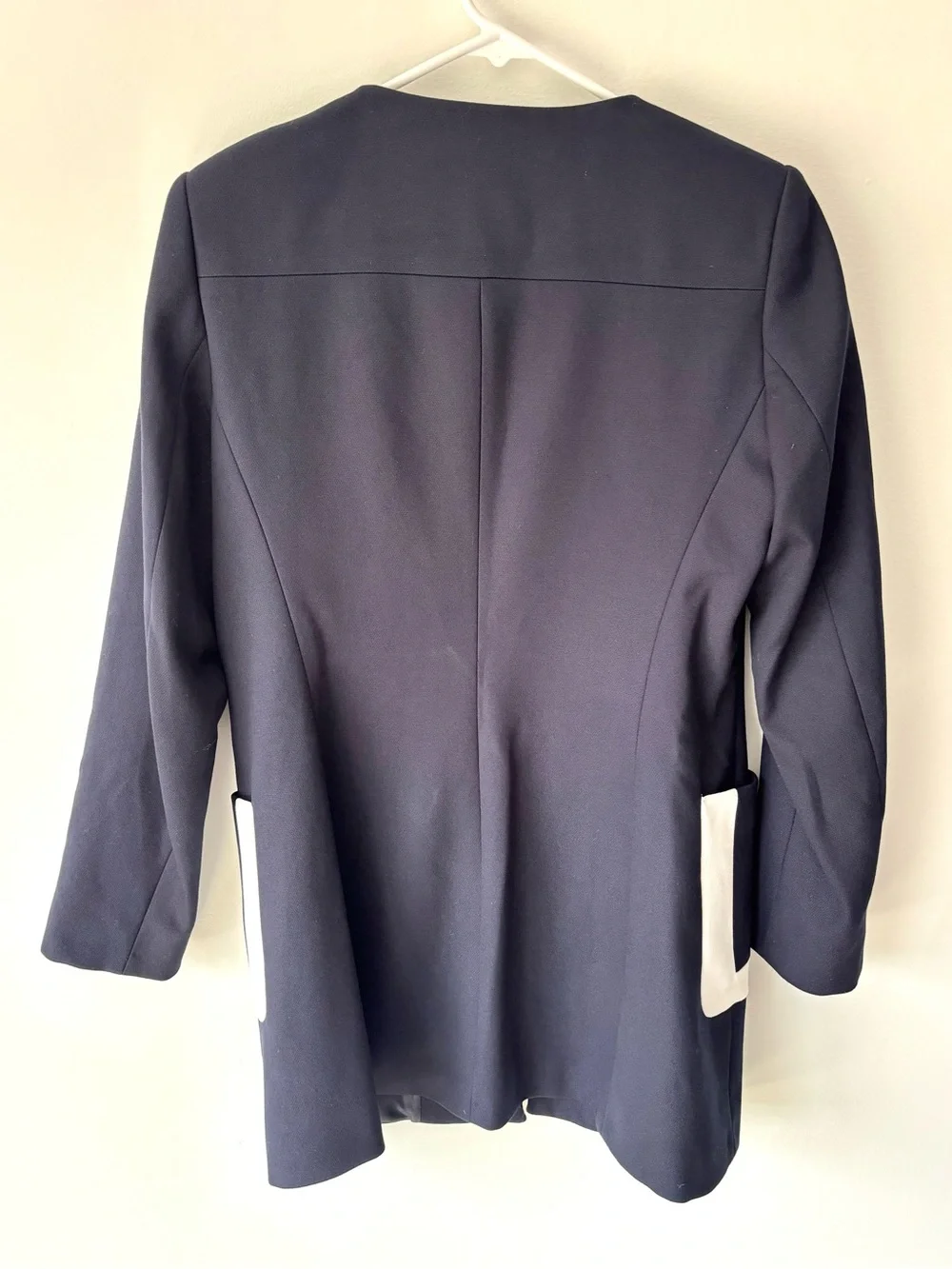 Zara Navy Blue White Stripe Contrast Long Line Zip Front Jacket Professional